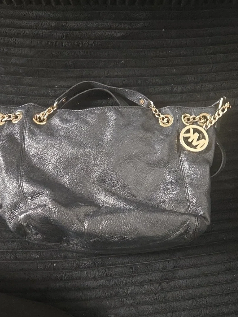 Black Leather Shoulder Bag with Gold Chain Accents